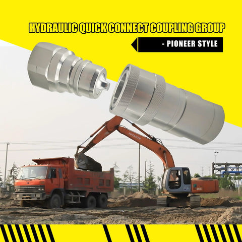 Hydraulic quick-connect coupler set with 1'' NPT threads, carbon steel, dust cap, close-up view.