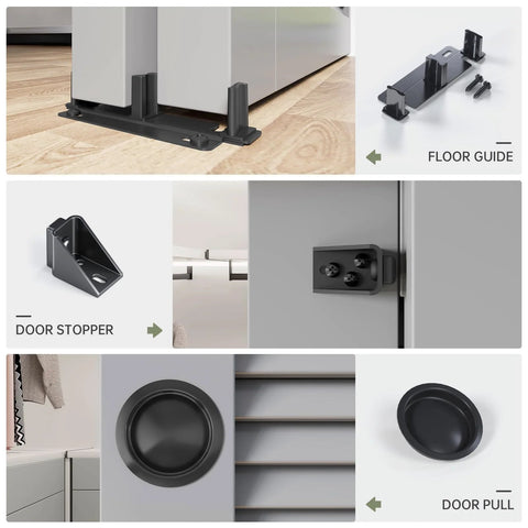 Double Sliding Pocket Door Bypass Hardware Kit 5ft Aluminum Track Pro Grade Quiet Glide Smooth Rollers Easy Install Bypassing Closet Door Rail Black Finish Heavy Duty Commercial Style components including floor guide, door stopper, and door pull.