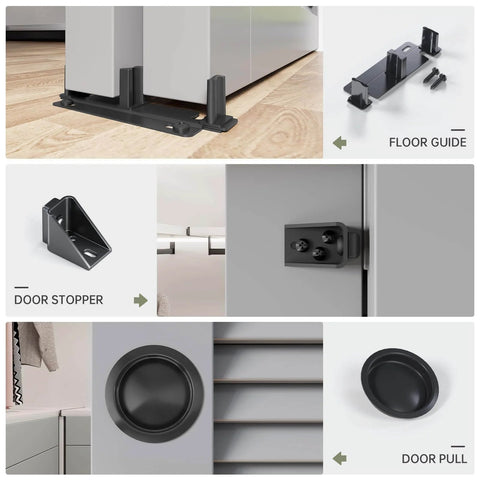 6 Ft Double Pocket Door Bypass Hardware Kit For Closets Aluminum Wardrobe Bypassing System With Quiet Ball Bearing Roller Slides Smooth Operation Easy Install Black Finish showing floor guide, door stopper, and pull handle components.