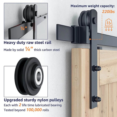 Heavy Duty Double Sliding Barn Door Hardware Kit, 15 Ft Track System With Quiet Nylon Rollers, close-up view of rail and pulley