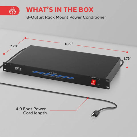 Rack Mount Power Conditioner With 1800W Capacity, 8 Outlets, 19 Inch Enclosure, Surge Protection And Noise Suppression For Studio Gear