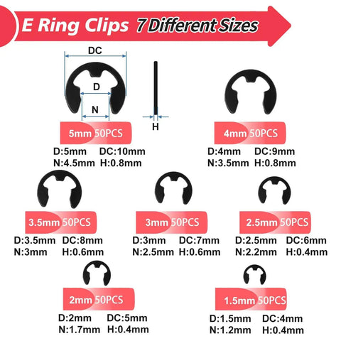 Pro Grade Clip Assortment Kit With Removal And Installation Tool 350 Pcs In Seven Sizes From 1.5mm To 5mm Clip Rings Display