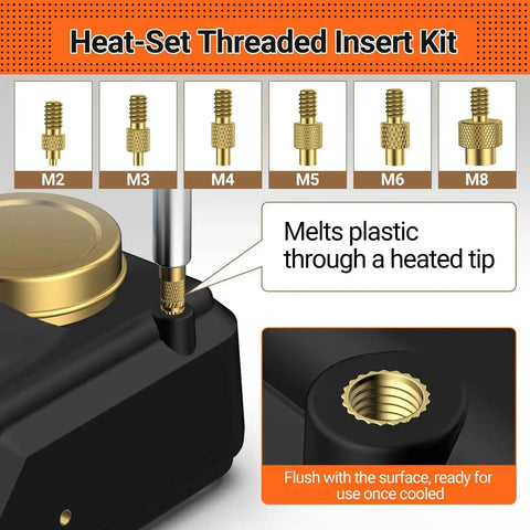 60W Soldering Iron Pro Grade Heat Set Insert Tip Kit with 350 Thread Inserts showing M2 to M8 tips melting plastic for threaded use