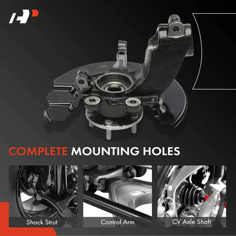 Front Left Steering Knuckle And Wheel Bearing Hub Assembly For Ford Transit Connect 2014-2018 Driver Side, 120.6 Inch Wheelbase, Loaded Knuckle With Dust Shield, showing complete mounting holes and dust shield.