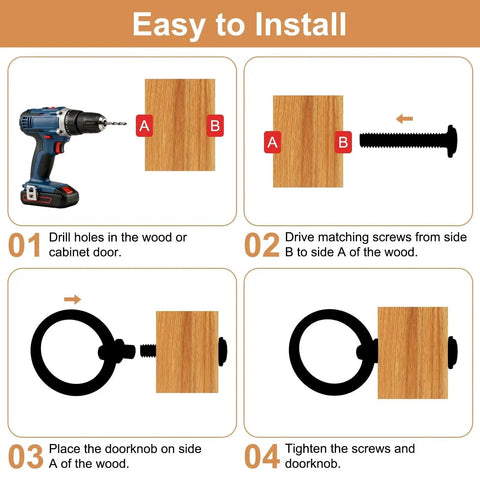 Installation guide for Brass Ring Drawer Pulls Set 2 Pieces 0.79 Inch Gold Tone depicting drilling and screw placement steps.