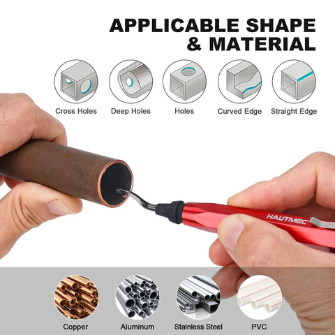 Hand using reaming pen on copper tube, Heavy Duty Copper Tubing Cutter Set With Auto Tightening Includes Half Inch, Three Quarter Inch, And One Inch Cutters, Reaming Pen, Spare Cutting Wheels, Deburring Blade, In Portable Storage Case, Zinc Alloy Construction With Chrome Rollers