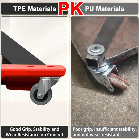 Comparison of TPE and PU materials for wheels, highlighting the benefits of Six Pack 2 Inch Creeper Wheels Heavy Duty 360 Degree Swivel Stem Casters.