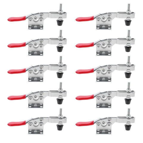 10 Piece Quick Release Toggle Clamps Set For Woodworking And Welding Fixtures, zinc plated, red durable grips, side view.