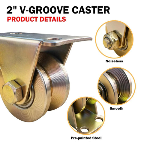 2 inch V-Groove caster details showing noiseless operation, smooth glide, and pre-painted steel for durability in heavy duty use