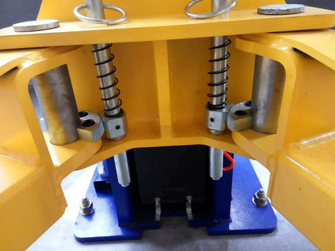 Front view: APlusLift HW-10KBP two-post floor plate car lift base; yellow frame with chrome cylinders and black springs.