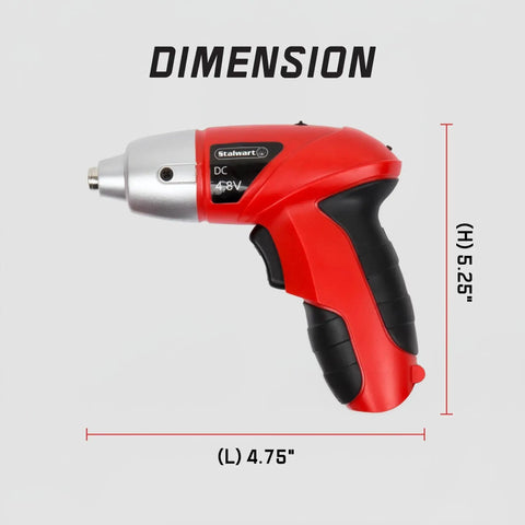 Side view of 25-Piece Cordless Screwdriver Set With LED Work Light, Automatic Spindle Lock, Forward And Reverse in red showing dimensions.