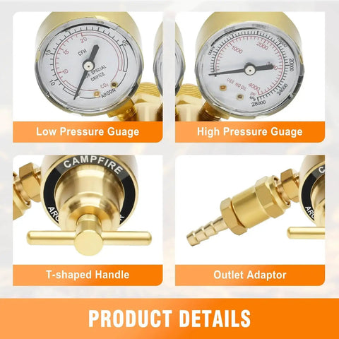 Reliable Argon CO2 Regulator For MIG TIG Welding with dual gauges, T-shaped handle, and outlet adaptor for precise pressure control