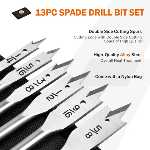 Close-up of Go-To Spade Drill Bit Set for Woodworking, 13-piece alloy steel paddle bits with sizes visible on bits.