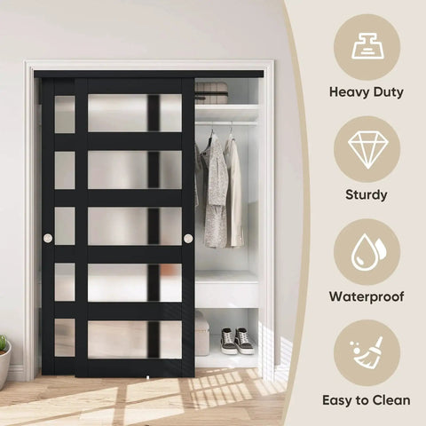 60-Inch By 80-Inch Sliding Closet Door With 5-Lite Frosted Glass Bypass installed showing solid wood slab and black finish.