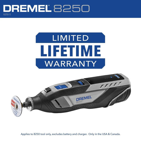 Powerful 12V Cordless Rotary Tool With Brushless Motor From Dremel with a cutting accessory and limited lifetime warranty display.