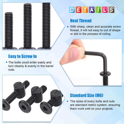 All-In-One M6 Hex Socket Cap Screws And Barrel Nuts Replacement Kit For Cribs, Chairs, Tables, Cabinets And Furniture, 141-Piece Set shown with screws and Allen wrench details.