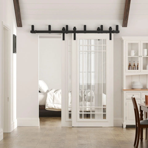 Installed 8 Ft Double Track Bypass Sliding Barn Door Hardware Kit For Two Doors with black powder coat finish