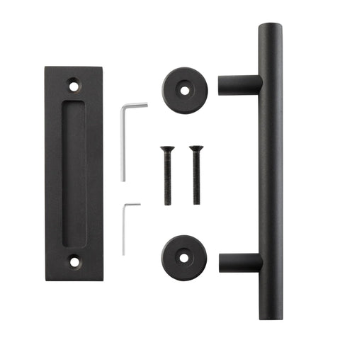 Matte Black Barn Door Handle Set For Sliding Doors, Ultra Thin.02 Inch Backplate, Heavy Duty Steel Hardware with screws and tools