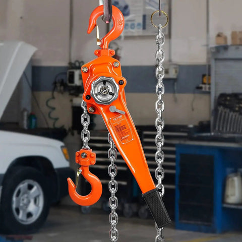 1.5 Ton Manual Lever Chain Hoist With Double-Pawl Brake 10 Ft Lift, orange hoist in workshop setting