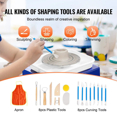 Child using Awesome Mini Pottery Wheel Kit For Kids And Beginners with tools and accessories visible on table.