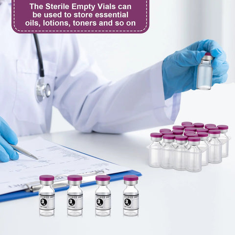 3ml sealed sterile empty glass vials with purple caps, 20-pack with label stickers