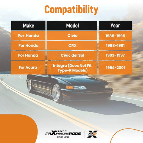 maXpeedingrods rear aluminum lower control arms compatibility chart featuring Honda Civic/CRX/Integra models