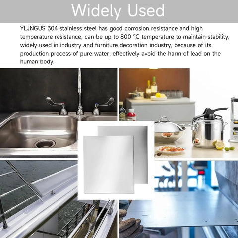 304 Stainless Steel Sheet Twelve By Twelve Inch One Eighth Inch Thick With Protective Film, shown in kitchen and industrial use.