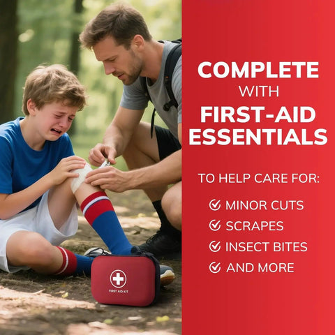 Gifts For Men Christmas Mini First Aid Kit With 144 Pieces In Water Resistant Hard Case For Home Travel And Outdoors Portable Emergency Medical Kit For Minor Cuts Burns Bites Stings Plus An Eight Compartment Pill Box shown in outdoor use for minor injury care