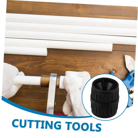 Cutting tools displayed with Dual Tubing Reamer Set for no hassle deburring, compact inner and outer tools for water pipes and copper tubes.