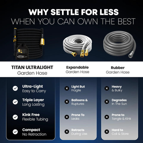 Titan Ultralight Garden Hose set: black ultralight hose, gray expandable hose, and gray rubber garden hose.