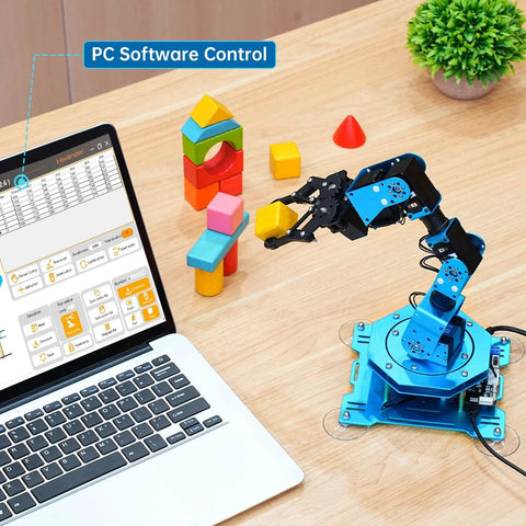 Blue metal six-axis robotic arm kit with PC software control on laptop