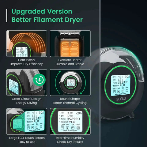 Filament Dryer S2 for 3D Printer, 70 Degree C Max, Built In Circulation Fan, multiple feature images with LCD display, round shape, heat efficiency