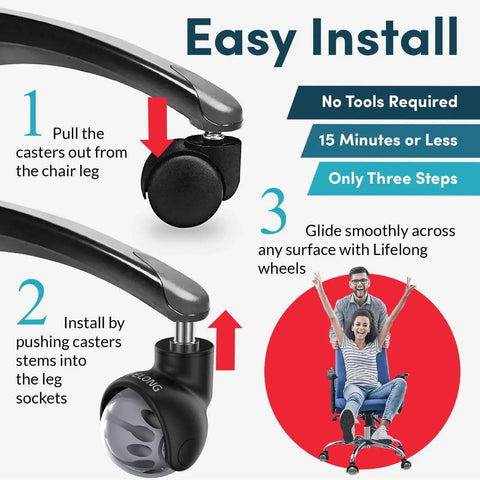 Installation guide for Heavy Duty 2 Inch Office Chair Wheels Set Of 5 For All Floor Surfaces And Carpets.