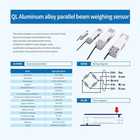 QL aluminum alloy parallel beam weighing sensor product brochure with technical specifications and wiring diagram