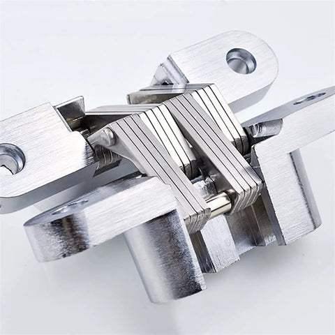 Close-up of Heavy Duty Concealed Door Hinges For Internal Doors 180 Degree Folding Stainless Steel Butt Hinges Built In Hidden Cross Gemel