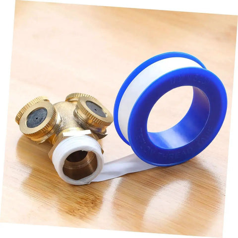 30 Pack High Temp PTFE Plumber Tape That Seals Leaks Like A Boss For Everyday DIY Home Plumbing Leaks And Airtight Seals Non Flammable Tape For Faucets And Pipe Fittings next to brass pipe fitting.