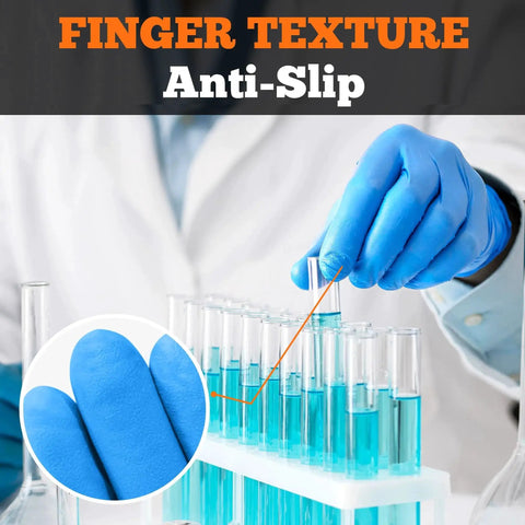 Scientist wearing Six Mil Nitrile Exam Gloves Large Box Of 100 Latex Free Powder Free Heavy Duty, handling test tubes.