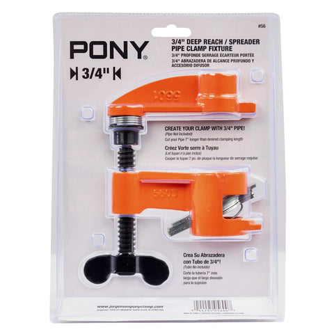 Pro Grade Deep Reach Clamp And Spreader Fixture For Three Quarters Inch Pipe with packaging, 2.5 inch reach, reversible head.