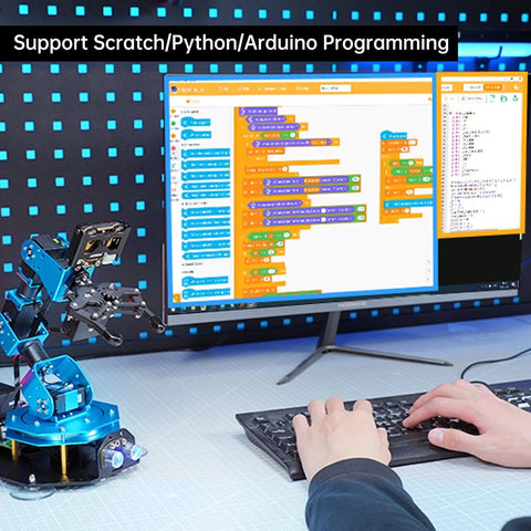 LewanSoul 6DOF blue robotic arm kit on desk beside monitor displaying Scratch/Python coding interface