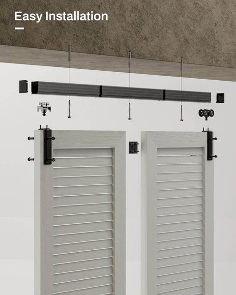 Box Rail Hardware For Bifold Sliding Barn Doors, Ceiling Mount Aluminum Alloy Track Kit For Two Doors visible during installation