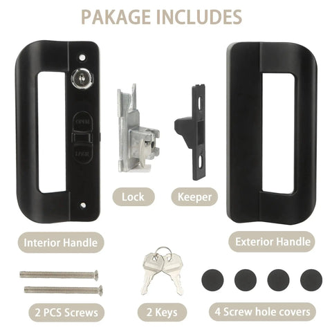 Full Replacement Sliding Door Handle Set For Five And Five Eighths Inch Hole Spacing With Mortise Lock And Key Front And Back Side Black Finish