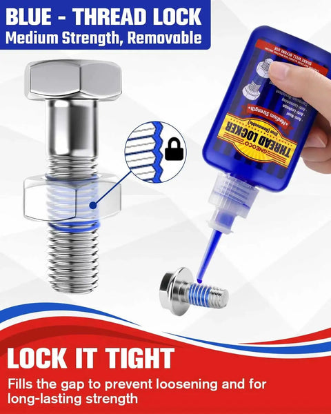 Blue Thread Locker Medium Strength For Nuts Bolts And Fasteners Removable Anaerobic Adhesive This 50ml Bottle Prevents Loosening From Vibration In Automotive Machinery And DIY Projects application on bolt