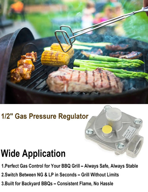 Half Inch Gas Pressure Regulator For Natural Gas And LPG Interchange With Inlet And Outlet One Half Inch NPT next to grilling food