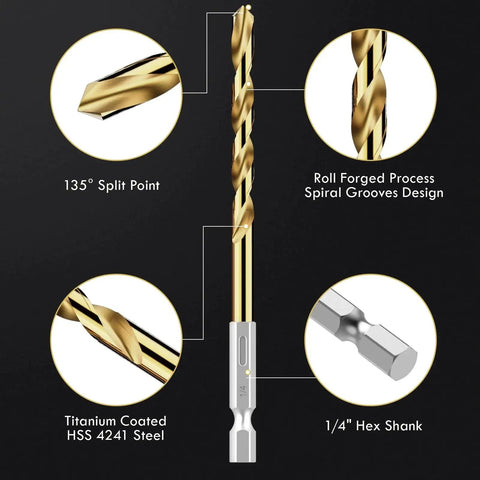 Titanium Coated Hex Shank Drill Bit Set, 19 Pieces, HSS 4241 Twist Bits For Sheet Metal Wood And Plastic With Quick Change Design