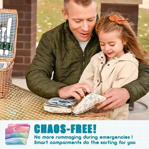 Father and child using Rescue Pack Family First Aid Kit With 200 Piece Medical Supplies, Travel Friendly Compact Bag, Kid Safe Bandages