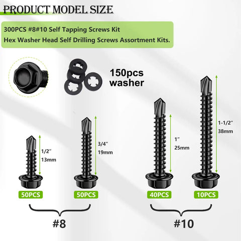 Self Tapping Screws Kit 300 Pieces In 410 Stainless Steel Black Zinc Hex Washer Head Sheet Metal Screws For Wood Metal And Tough Materials In Size 8 And Size 10 With Self Drilling Lengths From Half Inch To One And One Half Inch Includes 150 Washers displayed with size breakdown and washers