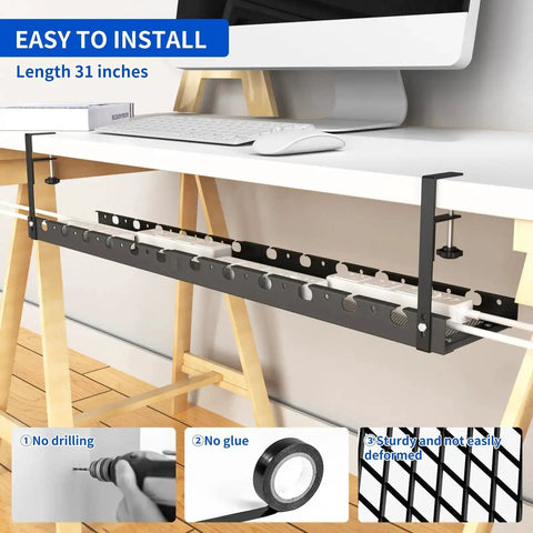 Under Desk Cable Management Tray With Clamp For No Drill Setup, 31-inch metal tray installed, keeps cables neat under standing desk.