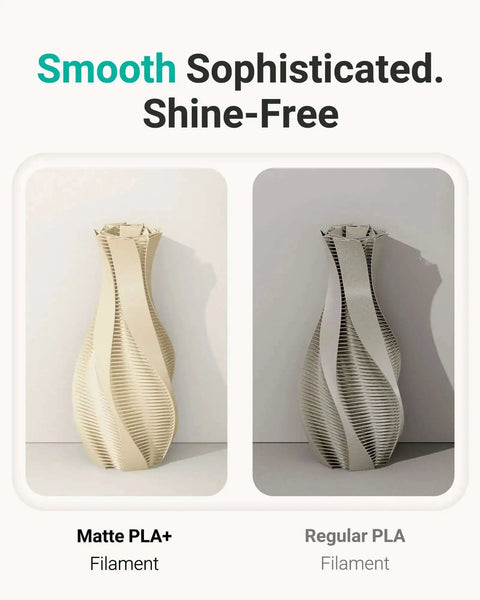 Comparison of Matte PLA+ and Regular PLA 3D printed vases showing smooth, shine-free surface of Matte PLA+ in desert tan.