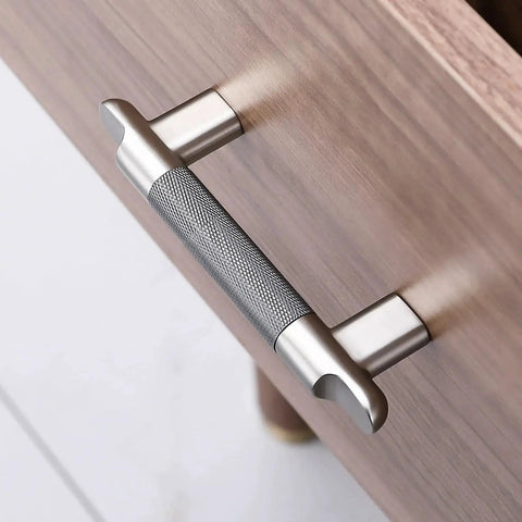Knurled Cabinet Pulls Three And Three Quarters Inch Center To Center Five Pack In Grey And Brushed Nickel on wood cabinet
