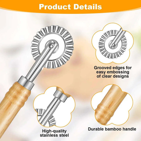 Versatile Long Handle Pastry And Pasta Cutter Wheel With Crinkle Edge For Effortless Slicing Of Ravioli Dumplings And Lasagna Pierogi And Beautiful Lattice Crusts Stainless Steel Construction TIESOME with bamboo handle detail